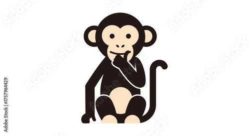 Illustration of a pensive monkey with a hand on its chin in cartoon style isolated on white