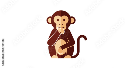 Photography Cartoon Monkey Character with Thinking Gesture on White Background, Editable Vec