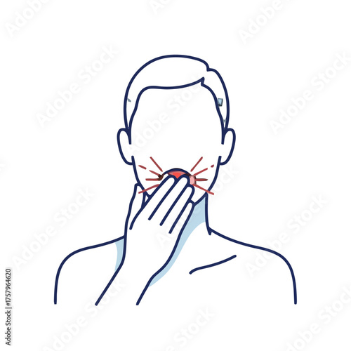 Closeup person holding their mouth in pain, with red radiating lines indicating discomfort or dental issue