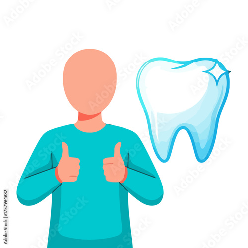 Person with shiny healthy tooth, giving two thumbs up