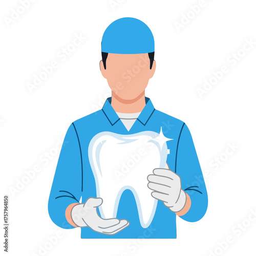 Dental professional in blue scrubs and gloves holding sparkling clean tooth
