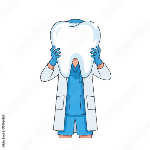 Dentist holding large cartoon tooth in front their face, wearing lab coat and blue scrubs