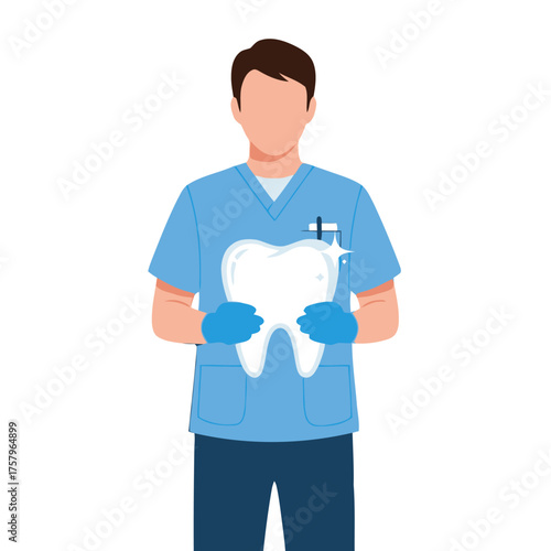Dentist in blue scrubs and gloves holds large, sparkling tooth, representing dental care and oral hygiene