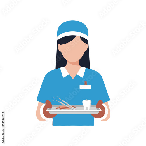 Female dentist in blue scrubs and cap holding tray with dental instruments and tooth