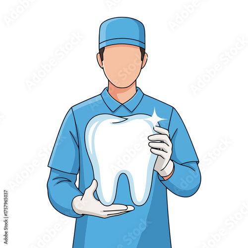 Male dentist in blue scrubs and cap holding large, sparkling tooth