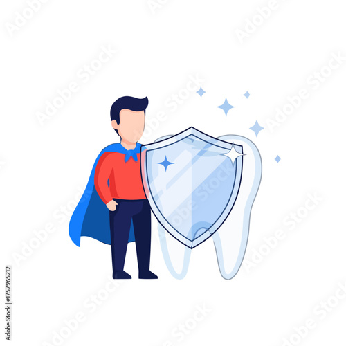 Superhero man protecting giant tooth with shield