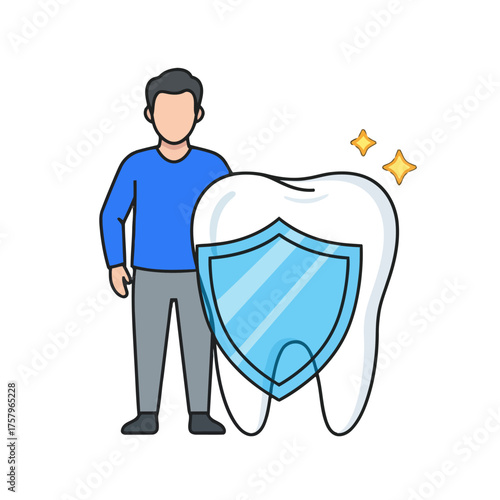 Man standing next to giant tooth protected by shield
