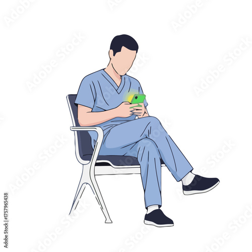 Male medical professional in blue scrubs sits in waiting room chair, looking at his smartphone