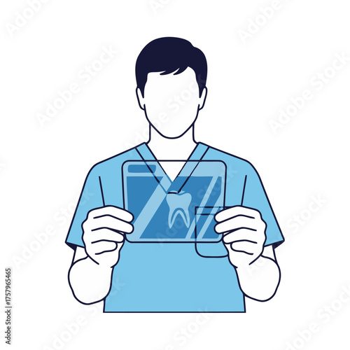 Dentist wearing scrubs holds up dental xray with tooth on it, symbolizing diagnosis and examination in dentistry