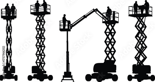 Construction aerial work platforms vector illustration with scissor lifts and boom lift workers, industrial safety equipment for maintenance and inspection tasks