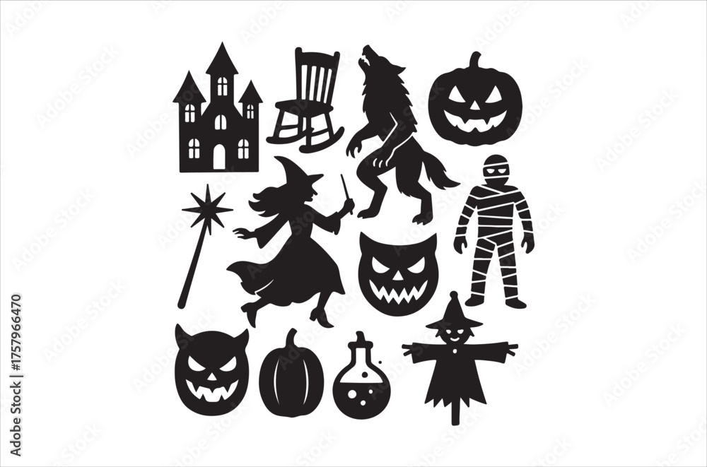 Obraz premium Spooky halloween silhouettes including witches cats ghosts and other creepy elements