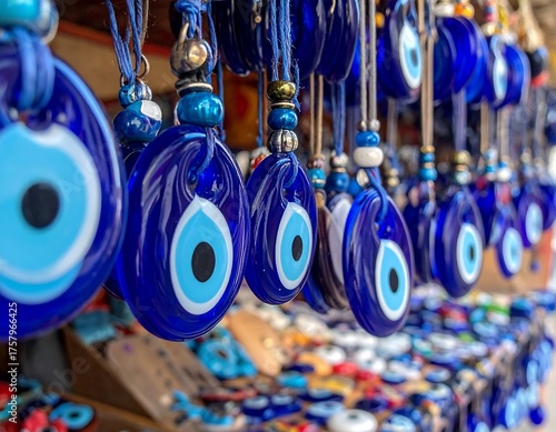 Close-up view of multiple oval, blue, eye-shaped amulets