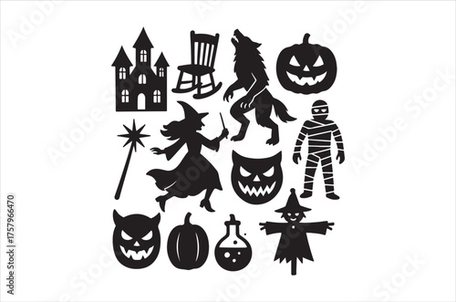 Spooky halloween silhouettes including witches cats ghosts and other creepy elements