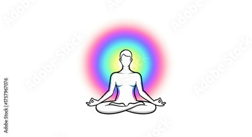 Illustration of a person in a lotus position meditating with a rainbow aura emanating, symbolizing