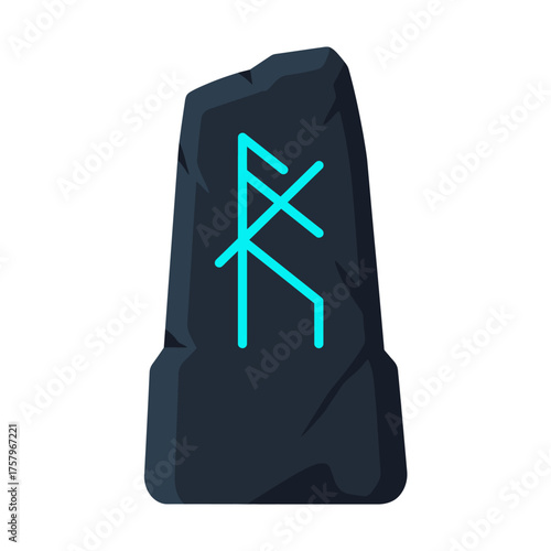 A dark, weathered runic stone featuring a vibrant glowing blue symbol, representing ancient spiritual practices and powerful Nordic lore.