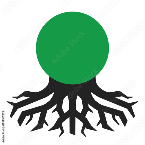 A minimalist design depicts a bold green circle firmly supported by an extensive network of dark, intricate roots, embodying ecological balance and foundational strength.