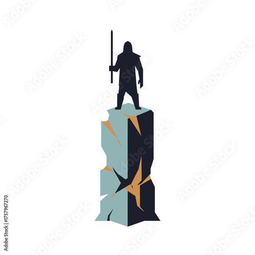 A powerful warrior silhouette, brandishing a sword, stands proudly on a cracked stone monument, representing historical strength and enduring victory.
