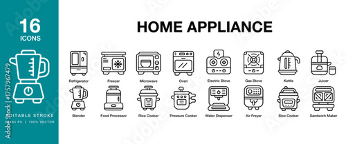 Home Appliance icon set. Includes home, appliance, domestic, household, house and More. Editable Stroke Icon Collection.