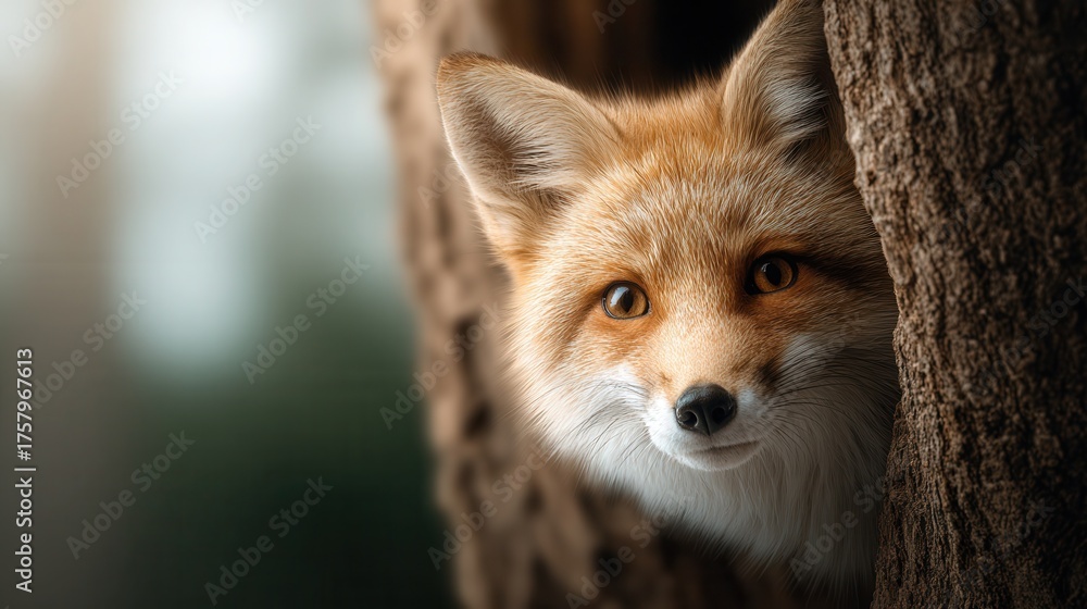 Fototapeta premium Curious fox peeking from tree trunk creates a sense of wonder and connection with nature, perfect for wildlife campaigns and heartwarming stories