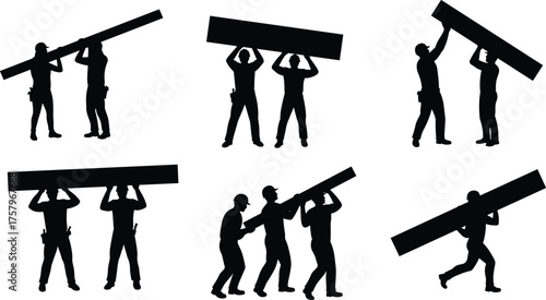 Construction teamwork silhouettes carrying heavy beams, workers lifting materials, manual labor coordination, safety posture, industrial effort, occupational teamwork vector illustration
