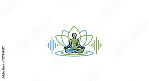 Meditative Harmony: Person in Lotus Position with Sound Waves Graphic Design