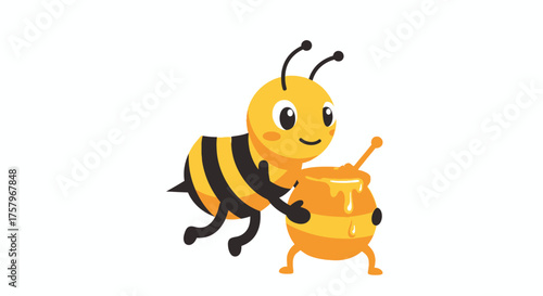 Cartoon bee character illustration with pot of honey against a white background