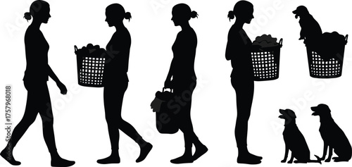 Silhouette vector illustration of person with dogs doing daily activities, walking, carrying laundry basket, pet care, companionship, lifestyle scene"