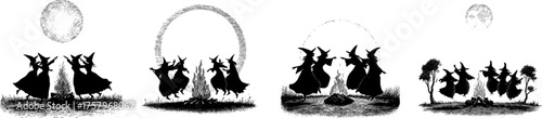 Coven of witches dancing shilouette around bonfire under full moon in gothic medieval vector illustration with woodcut style