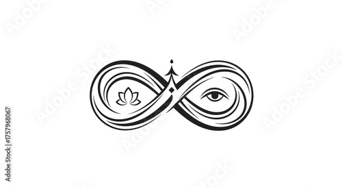 Elegant Infinity Symbol with Lotus, Eye, and Sacred Geometry, symbolizing spiritual balance