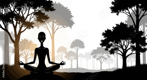 Silhouette of a woman meditating in a peaceful forest setting with trees and nature in the