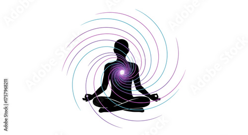 Silhouette meditating in lotus position with abstract spiral energy aura visual