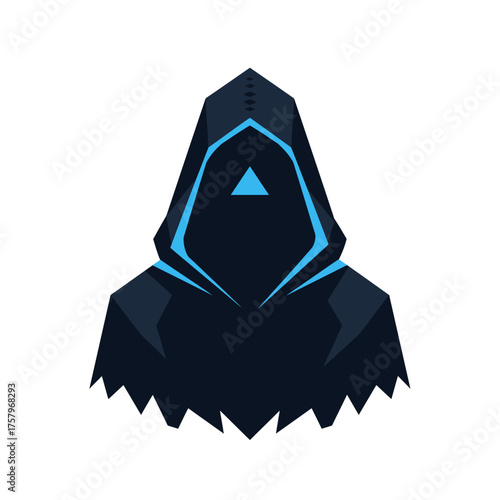 A stylized digital illustration of a mysterious hooded figure with glowing blue accents, symbolizing anonymity, technology, and hidden identities.
