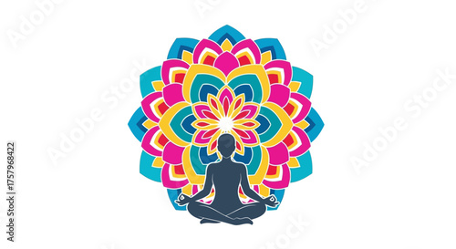 Meditating figure with vibrant mandala background promotes mindfulness and balance yoga and wellness