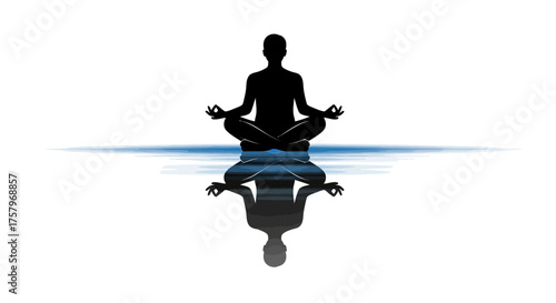 Silhouette of a person in lotus position meditating with water reflection for wellness and