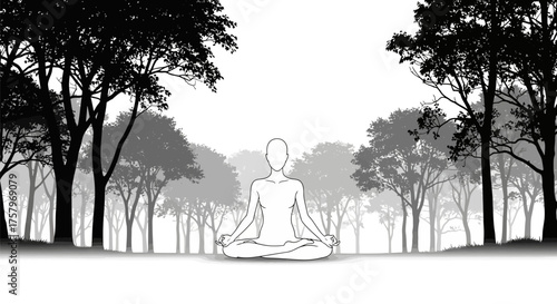 Silhouette woman meditating in lotus position surrounded by trees monochrome artwork
