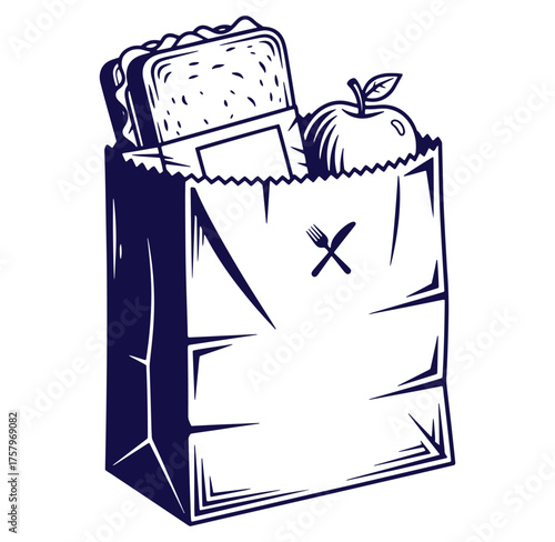 Classic packed lunch illustration featuring a sandwich apple and paper bag for mealtime