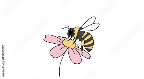 A charming illustration showcasing a bee collecting nectar from a delicate pink flower in simple