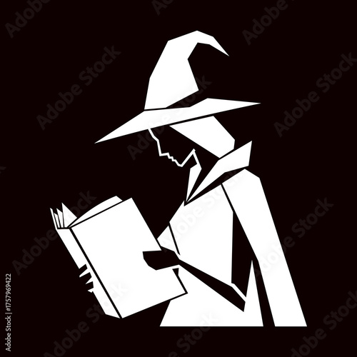 A stylized white silhouette of a wizard in a pointed hat reading a book against a black background.