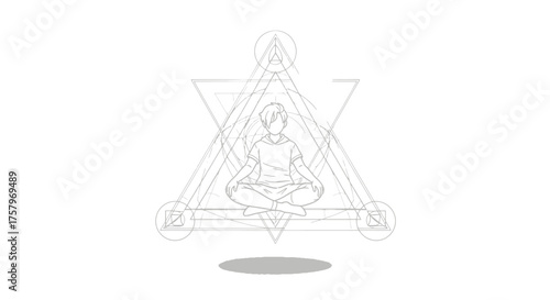 Mindfulness meditation illustration with geometric shapes and a person in lotus position creating