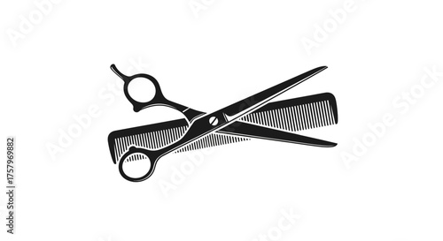 Elegant black and white illustration of professional hair cutting scissors and a comb