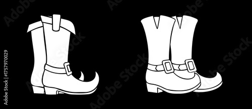 White outline drawing of two pairs of leprechaun boots with buckles, one pair with a curled toe.