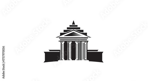 Elegant monochrome graphic of a classical building with prominent columns and layered structure