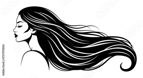 Elegant woman with long flowing hair illustration in black and white design