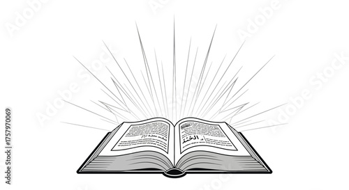 Illustration of an open book with light rays radiating upwards on a white background