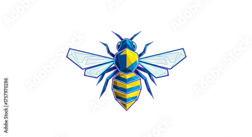 Geometric bee illustration with modern polygonal design in blue and yellow tones