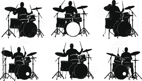 “Silhouette vector illustration of drummers playing drum sets in dynamic poses with percussion instruments, music performance, rhythm, concert, entertainment”