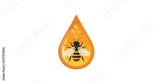 A beautiful vector illustration of a bee inside a drop of honey showcases the essence of natural