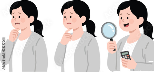 Puzzled Ponytail Woman Contemplating Difficult Situation Hand on Chin Thinking over Doubtful Problem Solving Uncertainty in Flat Design