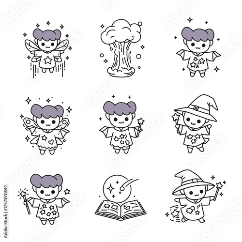 Nine minimalist line art illustrations depict cute chibi characters in magical roles: fairies, witches, wizards, ideal for whimsical fantasy designs.