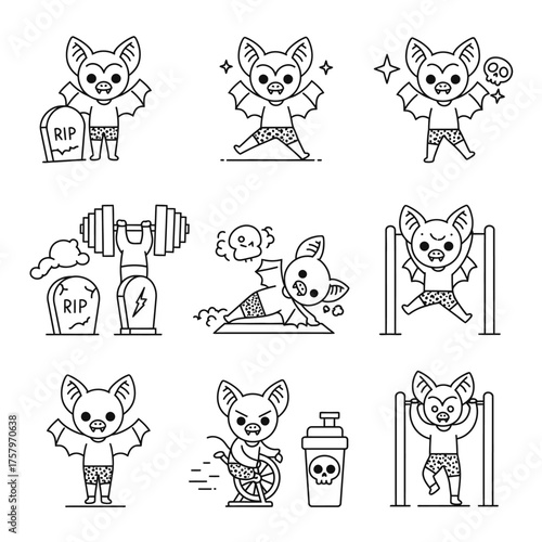 A charming collection of nine monochrome line art illustrations featuring an adorable cartoon bat character performing diverse fitness and exercise routines.
